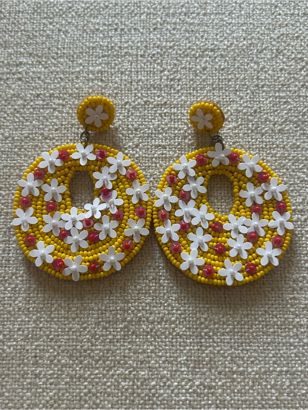 60s/70s Inspired Yellow Beaded Floral Hoop Earrings - Women Accessories